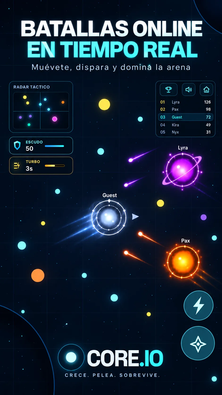 CORE.IO arena gameplay with cores and leaderboard